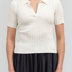 Front view of Collared V-Neck Knit Top in Off-White