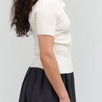 Side view of Collared V-Neck Knit Top in Off-White