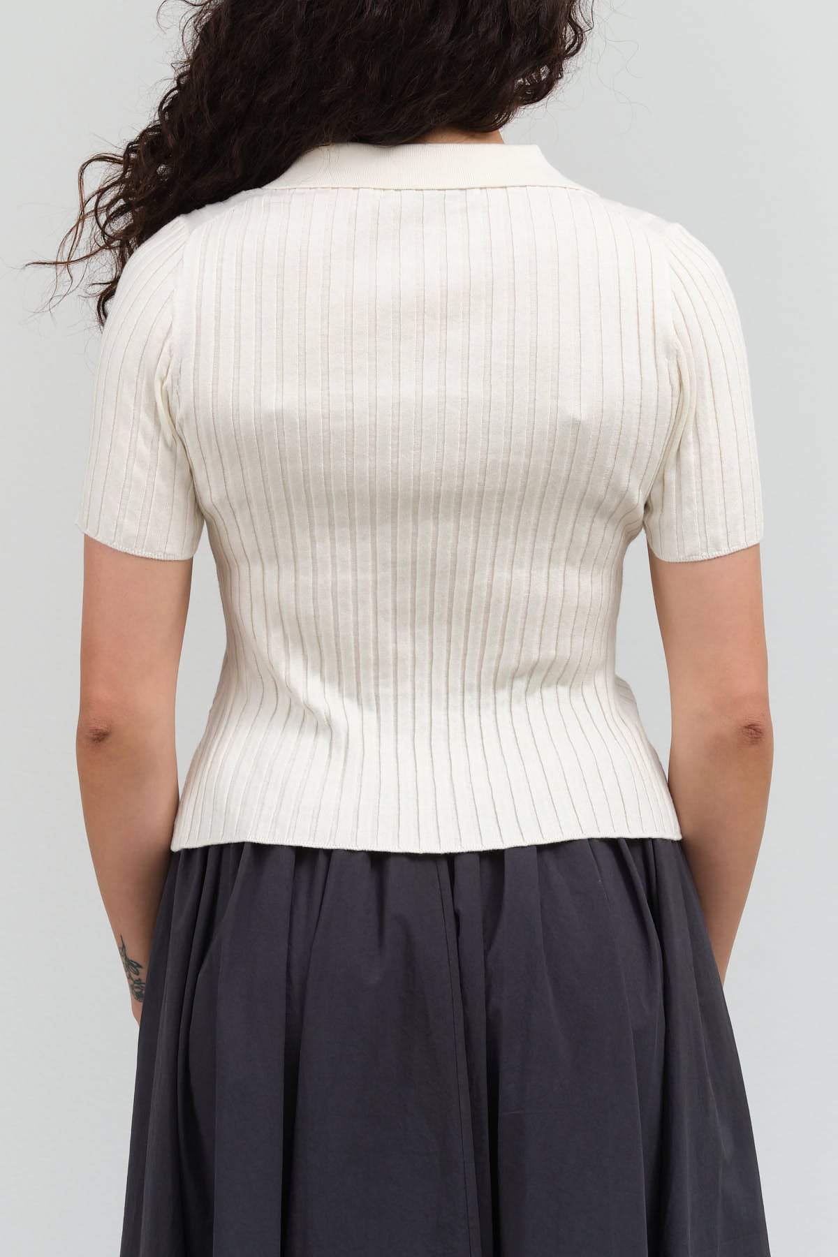 Back view of Collared V-Neck Knit Top in Off-White