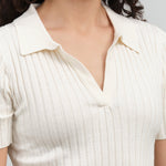 Collar view of Collared V-Neck Knit Top in Off-White
