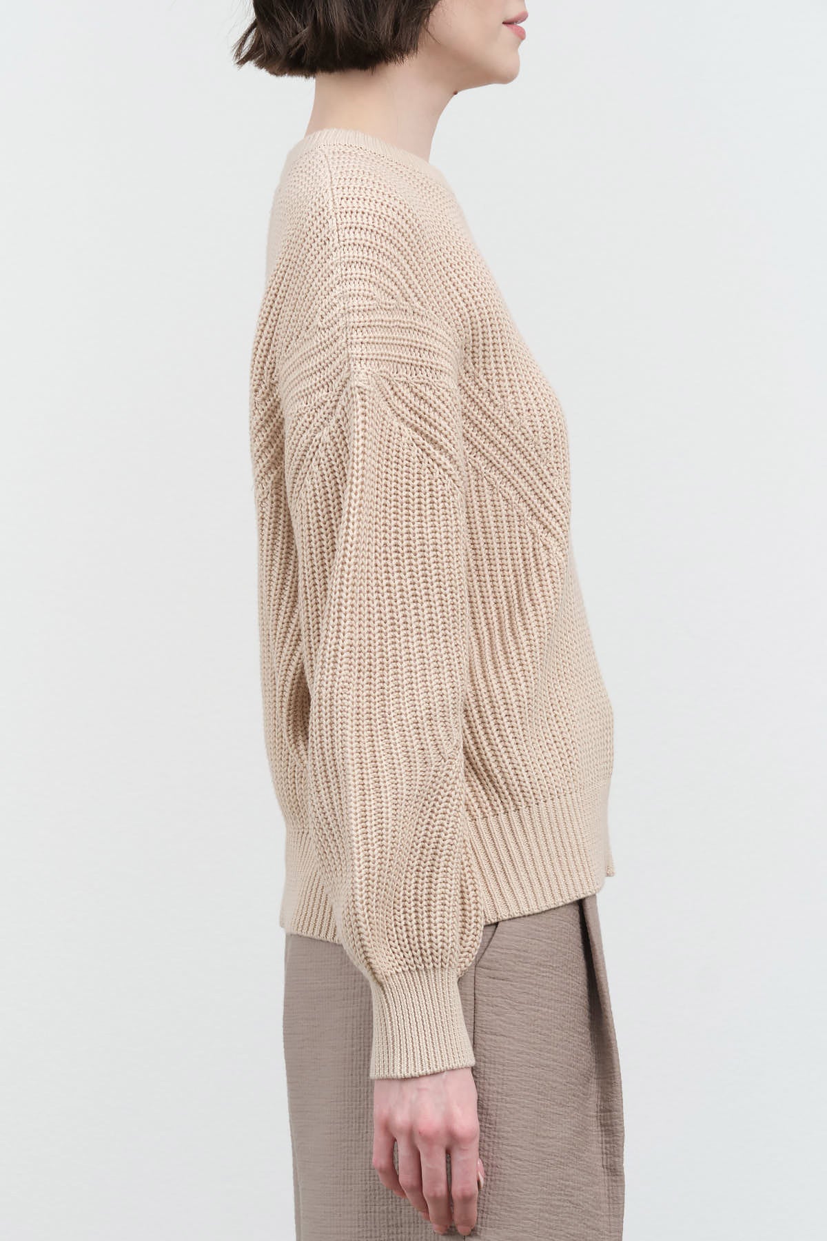 Side view of Signature Poet Sleeves Sweater