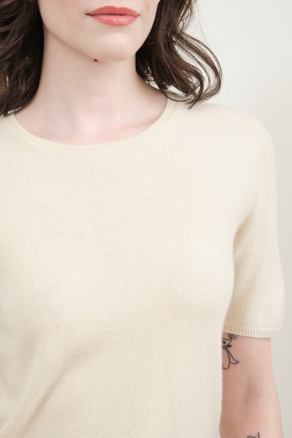 Neckline on Short Sleeve Sweater in Cream