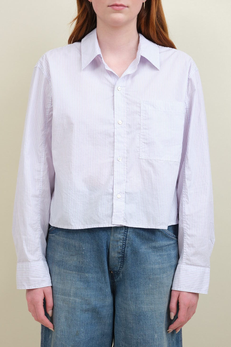 Front of Ruth Stripe Crop Shirt in Blushing Stripe