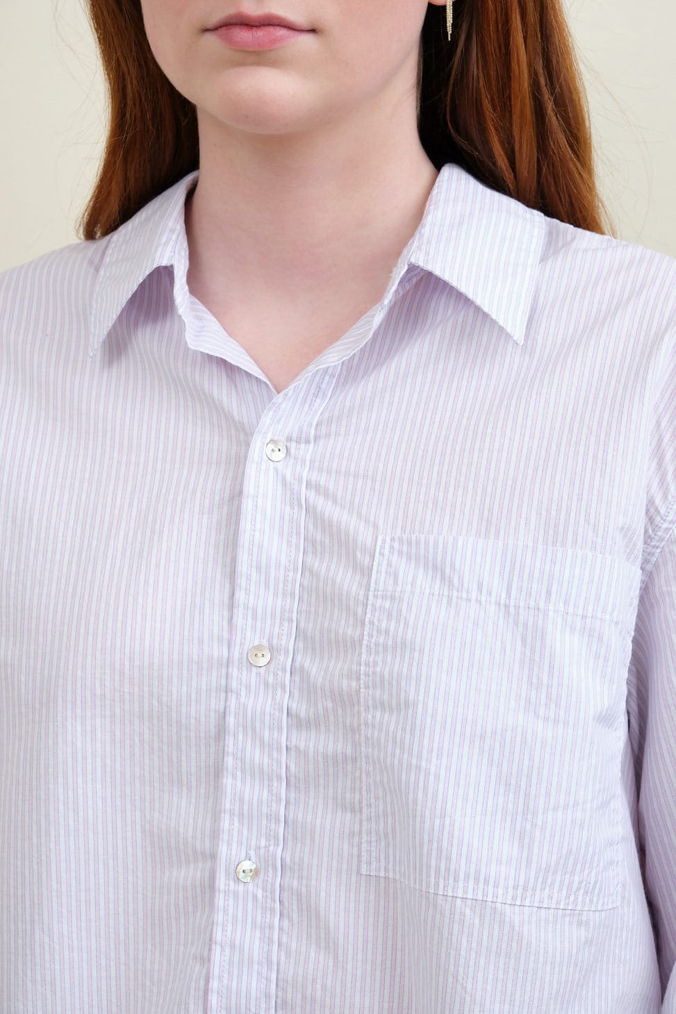 Neckline and collar on Ruth Stripe Crop Shirt in Blushing Stripe