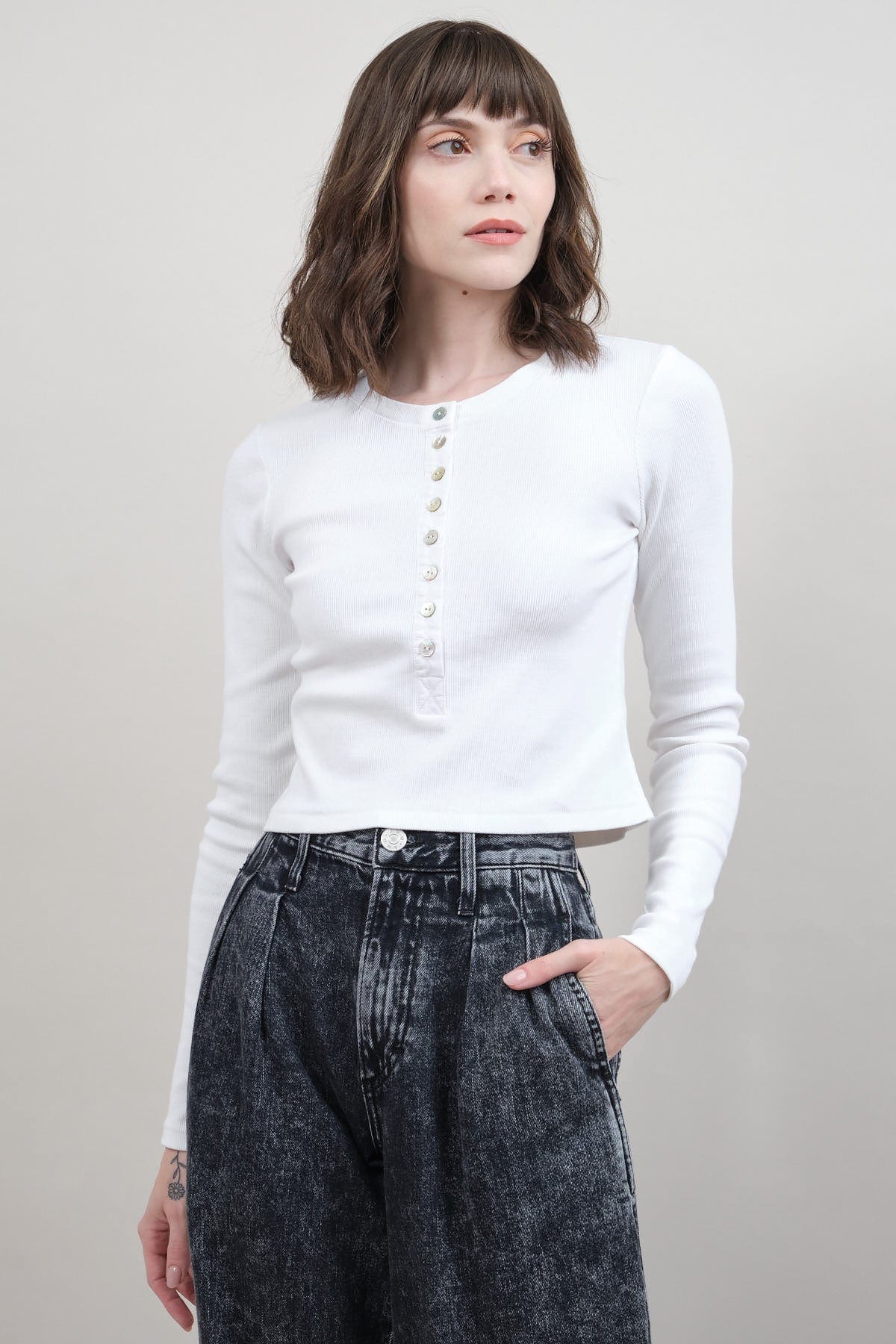 Sassy Rib Henley Top in White