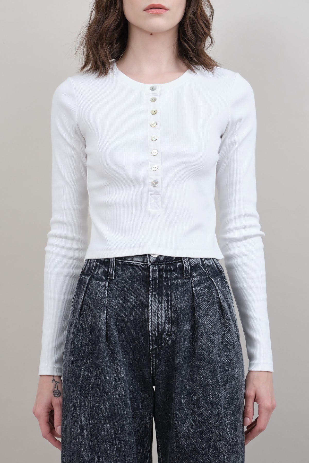 Front of Sassy Rib Henley Top in White