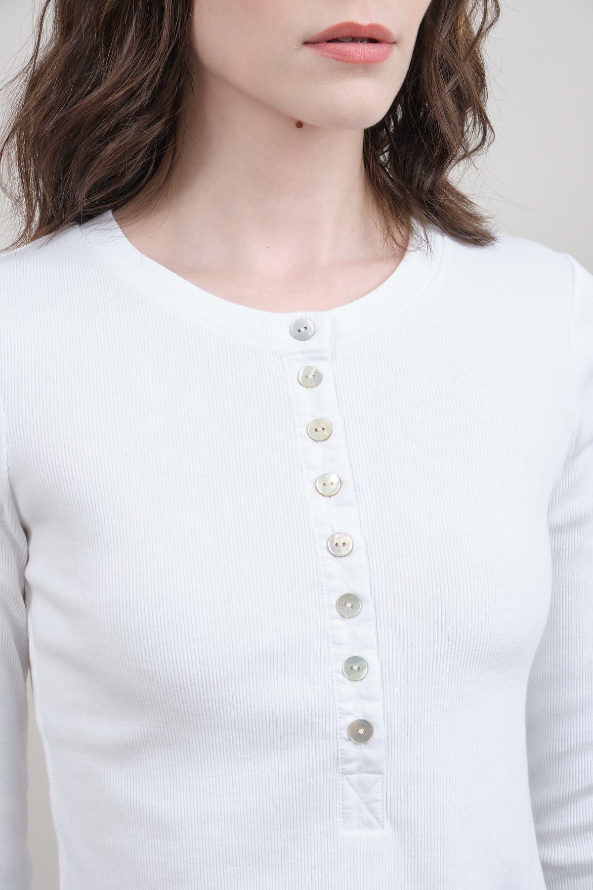 Neckline on Sassy Rib Henley Top in White