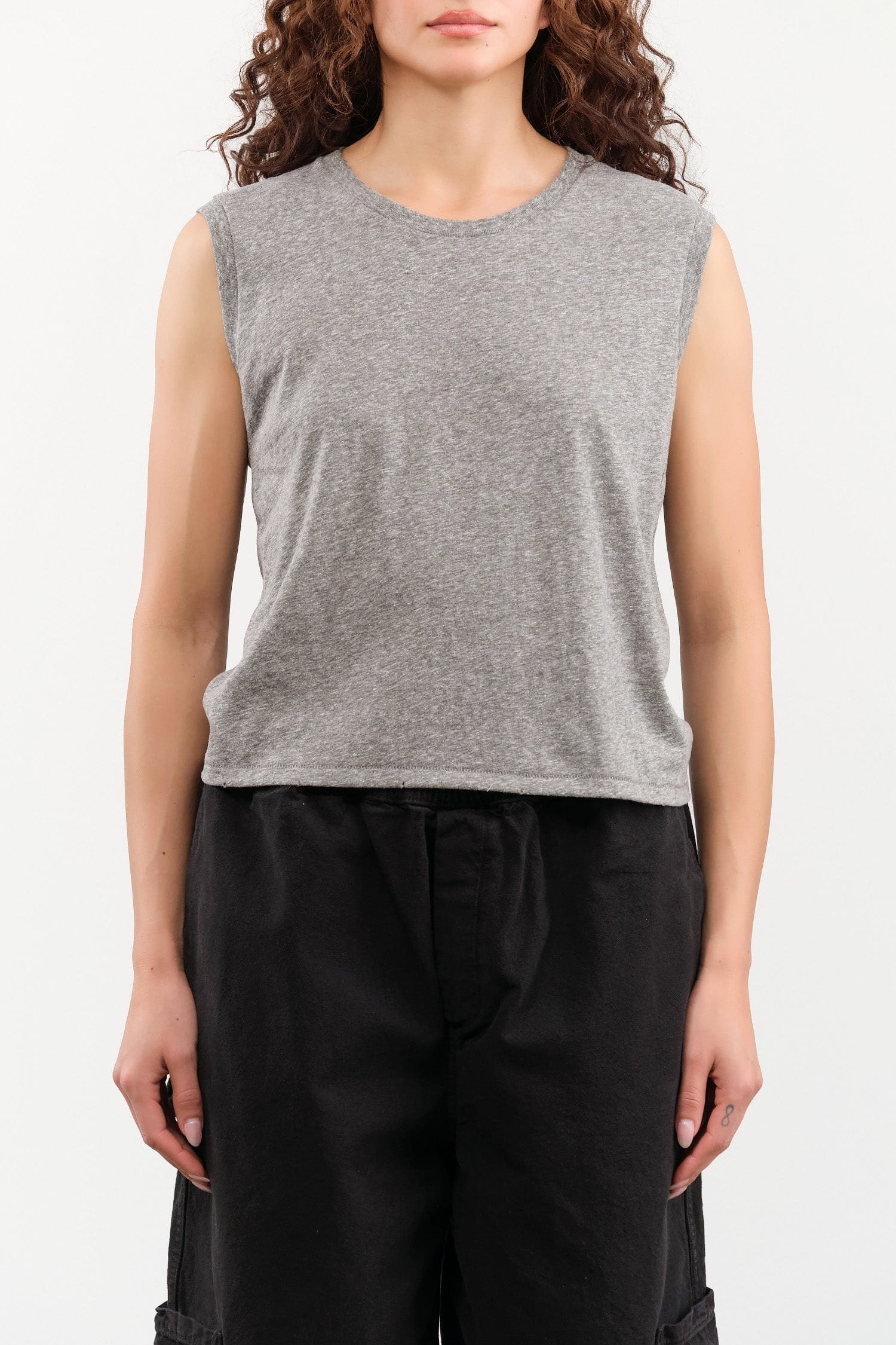 Amo Denim Apparel Womens Tees Sleeveless Babe Tee in Heather Grey