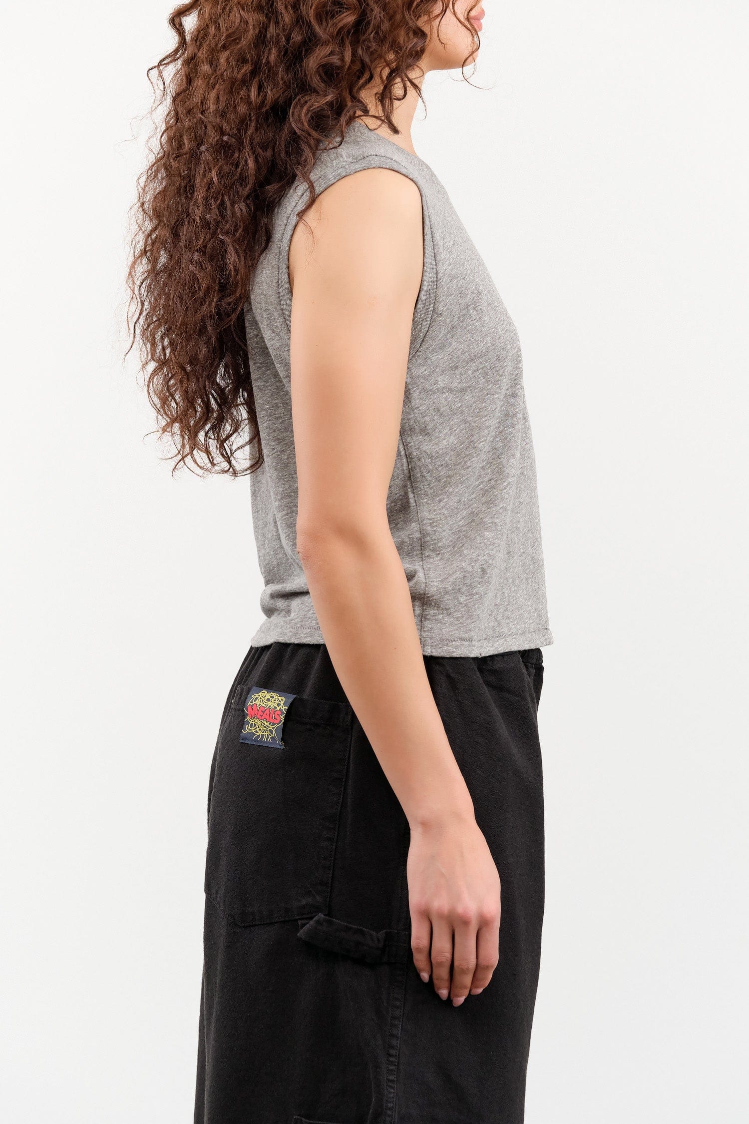 Amo Denim Apparel Womens Tees Sleeveless Babe Tee in Heather Grey