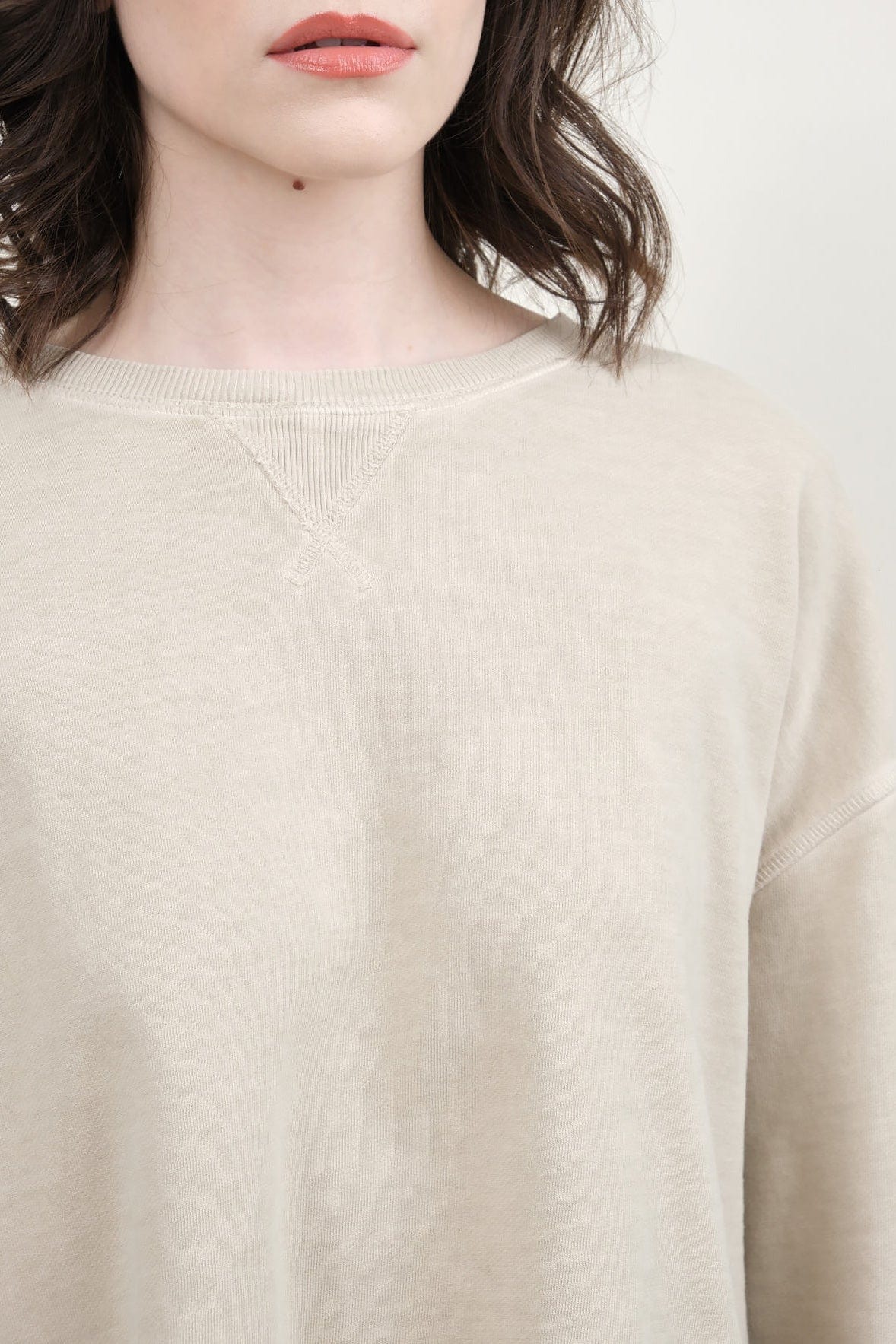 Neckline on Lovebird Crew in Pumice