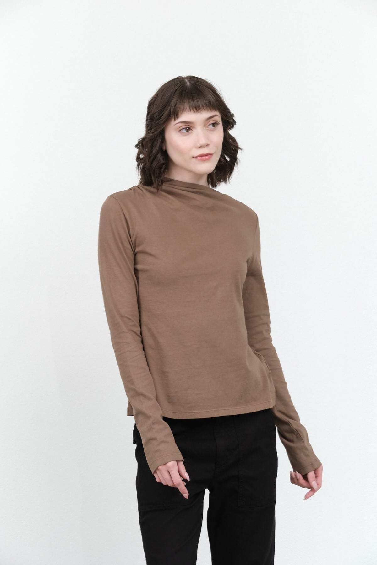 Atelier Delphine Apparel Womens Blouses Shirred Neck Rib Top in Warm Grey Warm Grey / XSmall