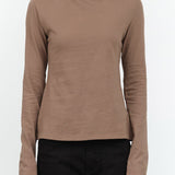Atelier Delphine Apparel Womens Blouses Shirred Neck Rib Top in Warm Grey
