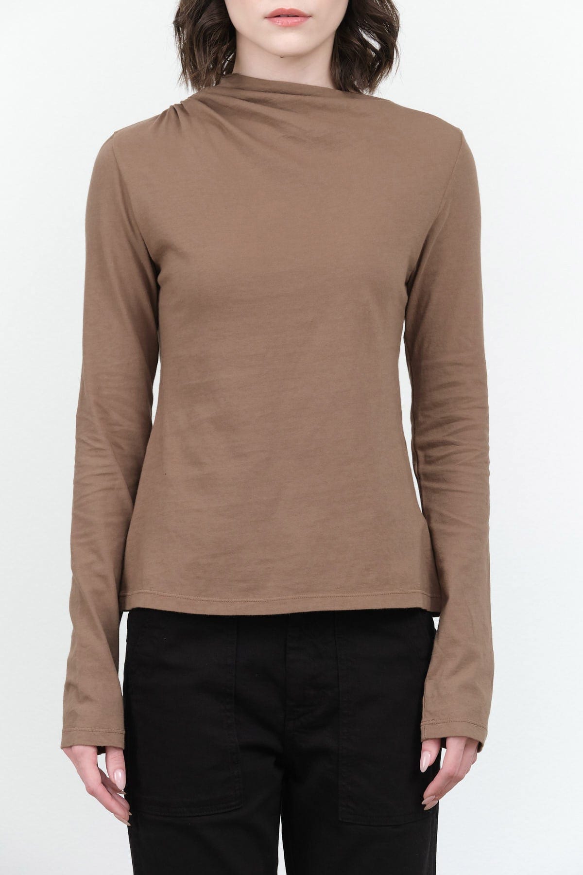 Atelier Delphine Apparel Womens Blouses Shirred Neck Rib Top in Warm Grey