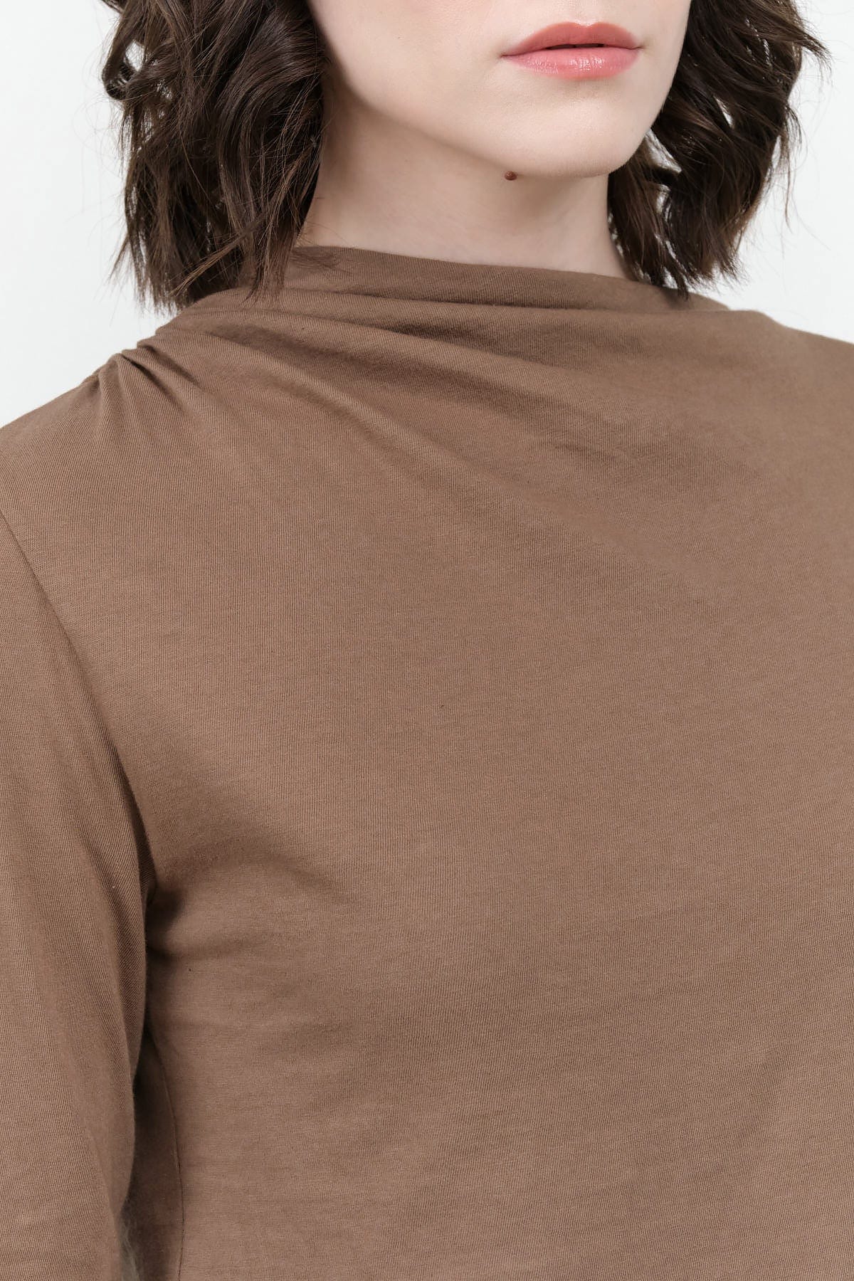 Atelier Delphine Apparel Womens Blouses Shirred Neck Rib Top in Warm Grey