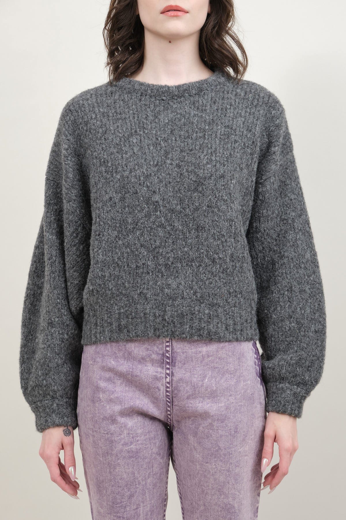 Front of Balloon Sleeve Sweater in Charcoal