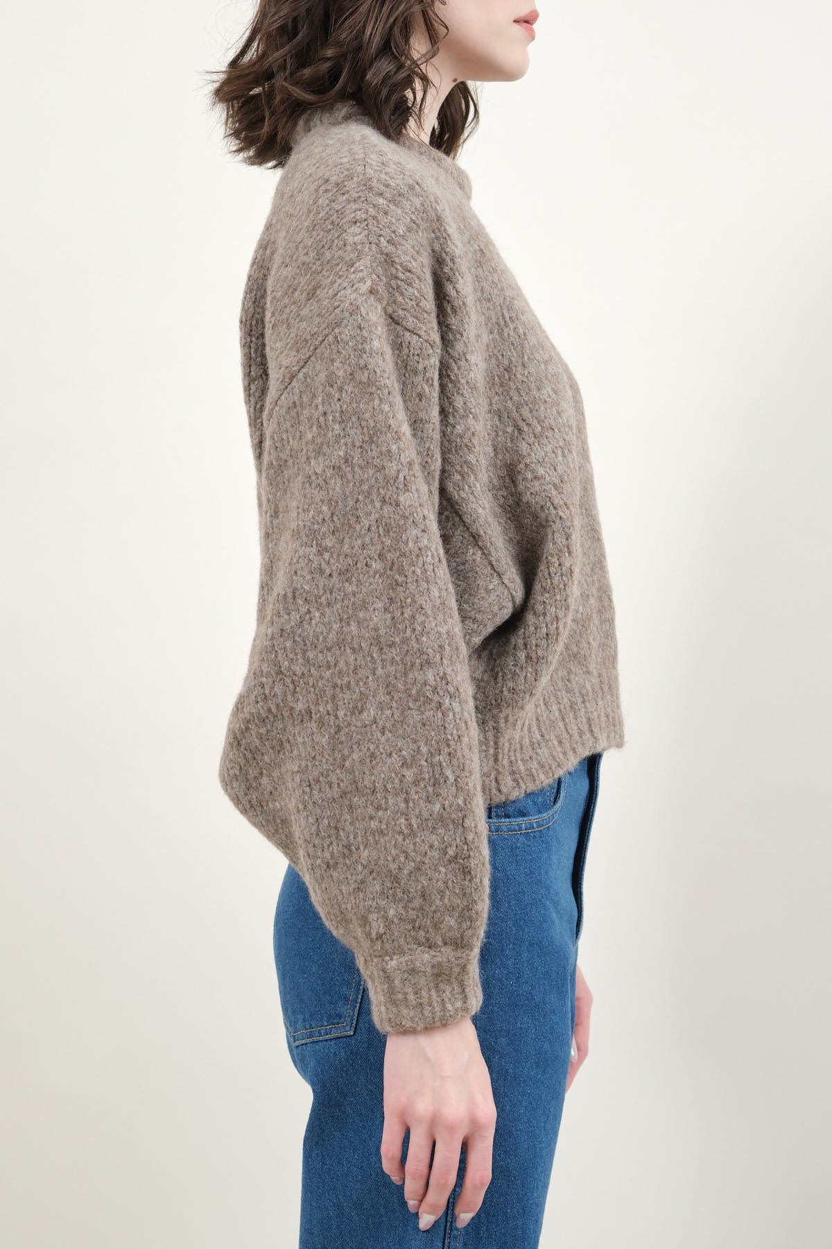 Side of Balloon Sleeve Sweater in Deer