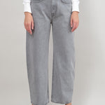 Front of Leroy Mid Relaxed Bow Jean in Grey Stone Wash