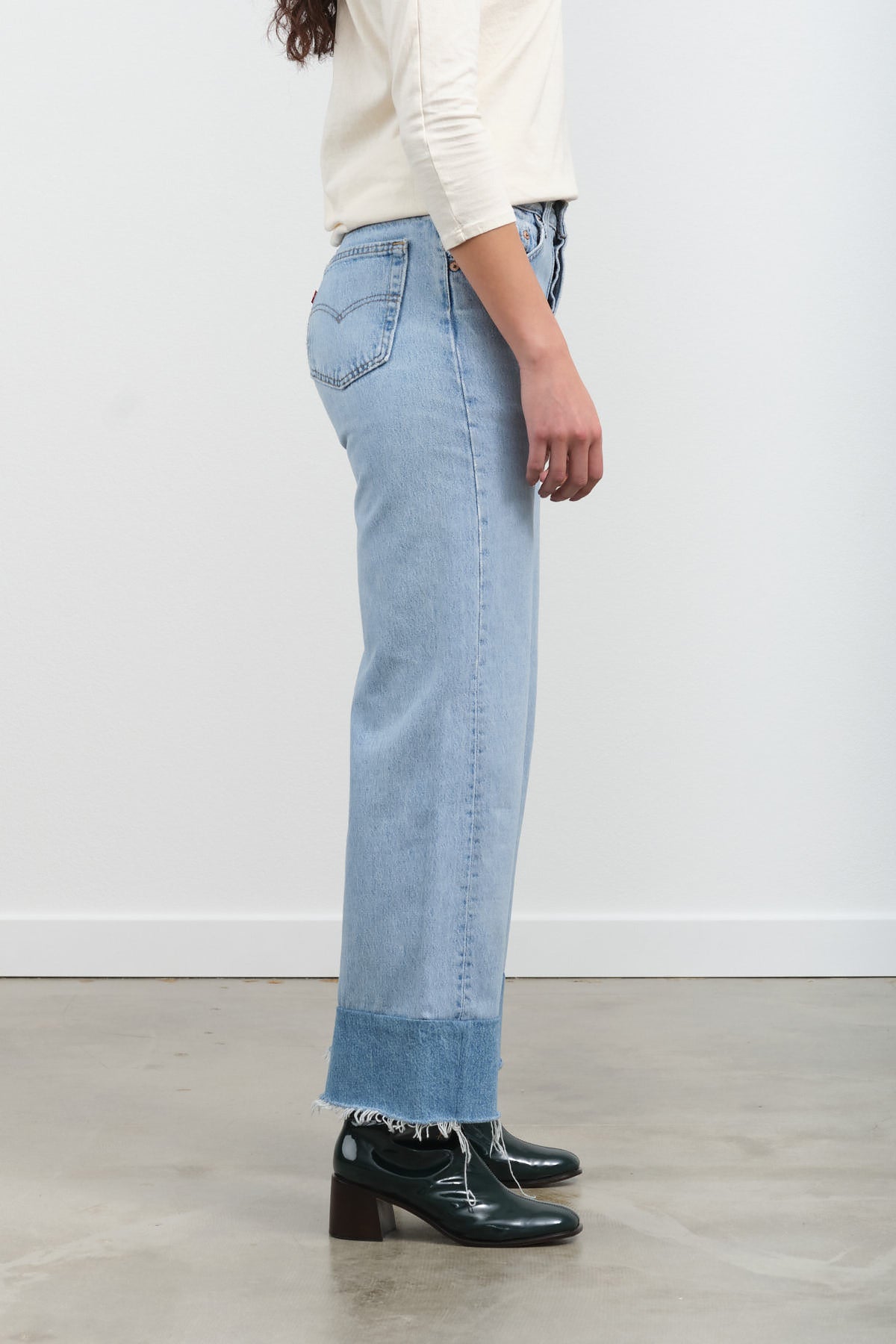 Side view of Reworked Culotte in Vintage Indigo
