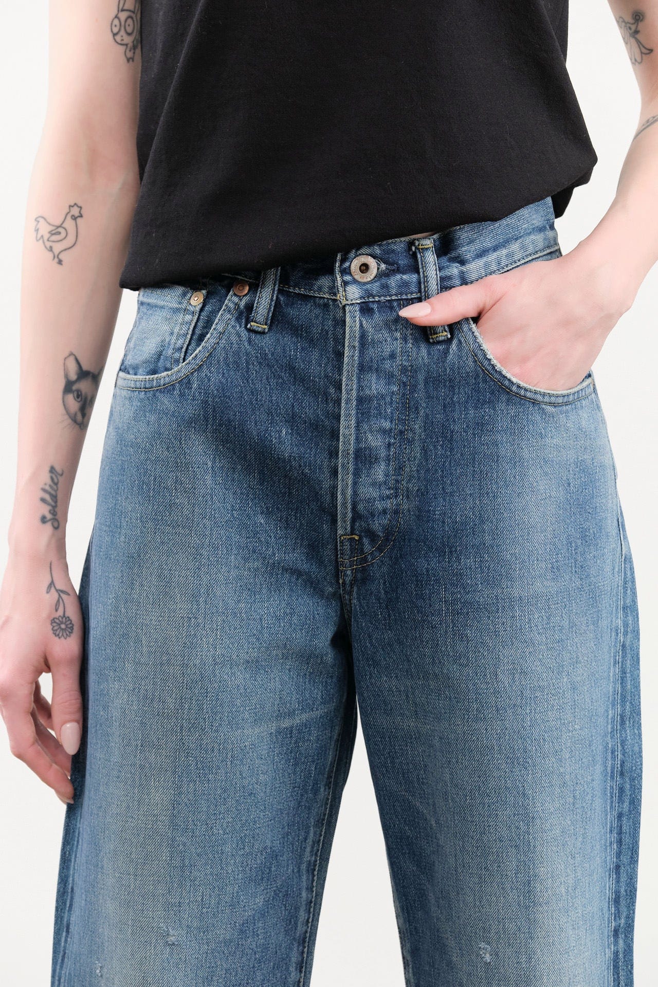 Chimala Apparel Womens Denim 13.5 oz Selvedge Denim Straight Cut in Dark Distress