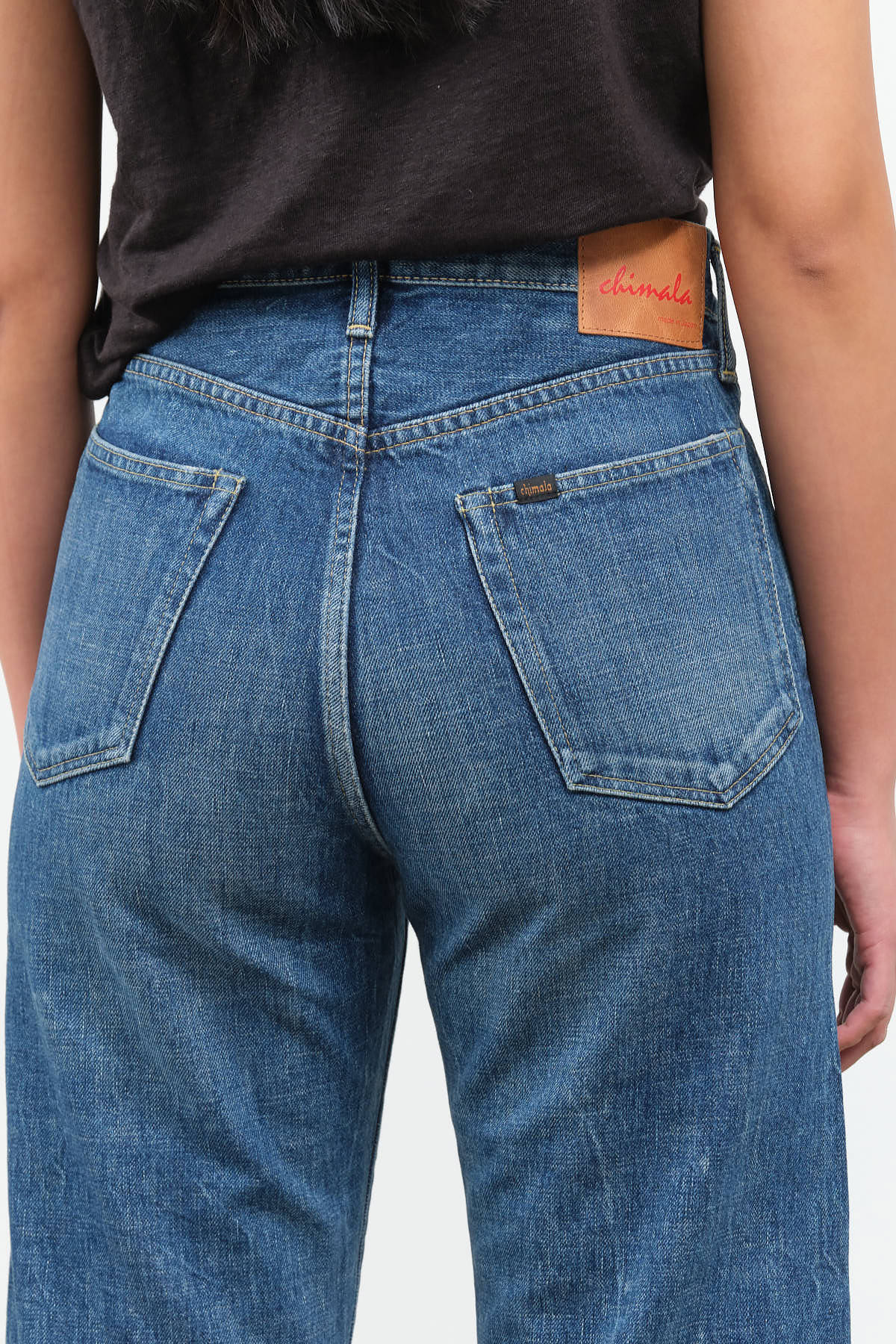 Rear pocket view of Short Unisex Straight Cut Selvedge Denim
