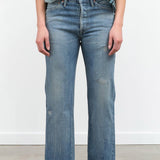 Chimala Apparel Womens Denim Used Ankle Cut 13.5 oz Selvedge Denim in Light Distress