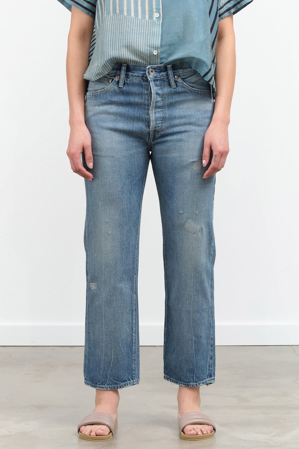 Chimala Apparel Womens Denim Used Ankle Cut 13.5 oz Selvedge Denim in Light Distress