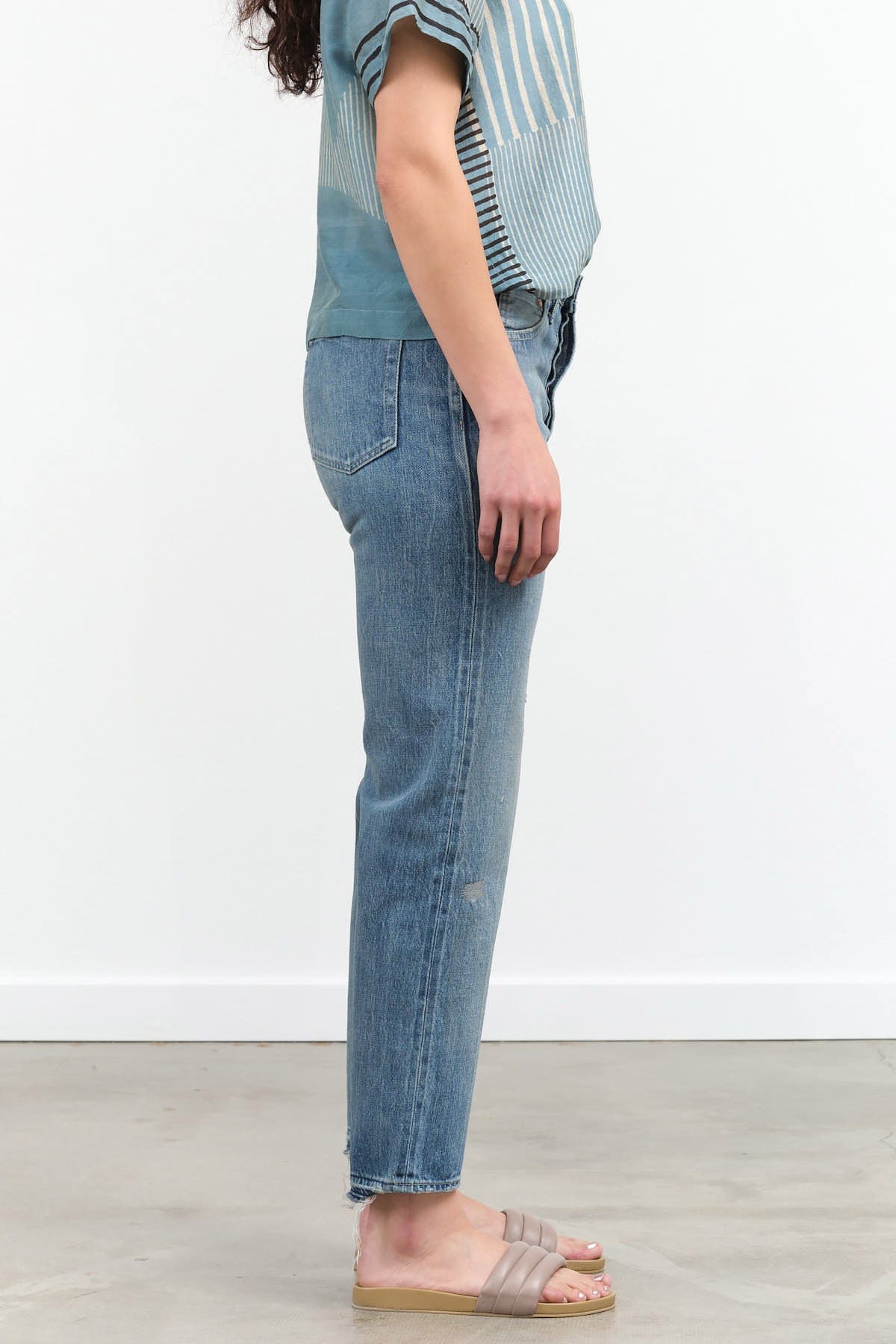 Chimala Apparel Womens Denim Used Ankle Cut 13.5 oz Selvedge Denim in Light Distress