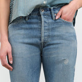 Chimala Apparel Womens Denim Used Ankle Cut 13.5 oz Selvedge Denim in Light Distress
