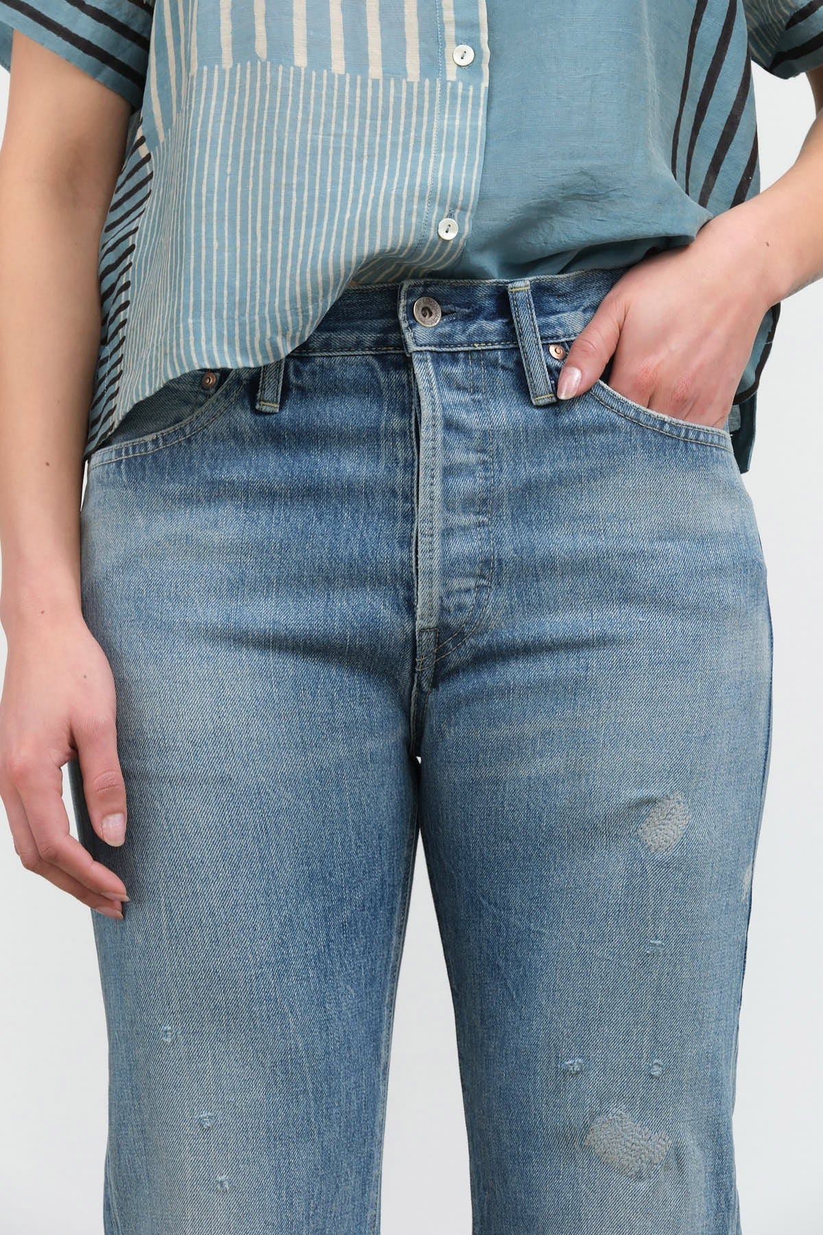 Chimala Apparel Womens Denim Used Ankle Cut 13.5 oz Selvedge Denim in Light Distress