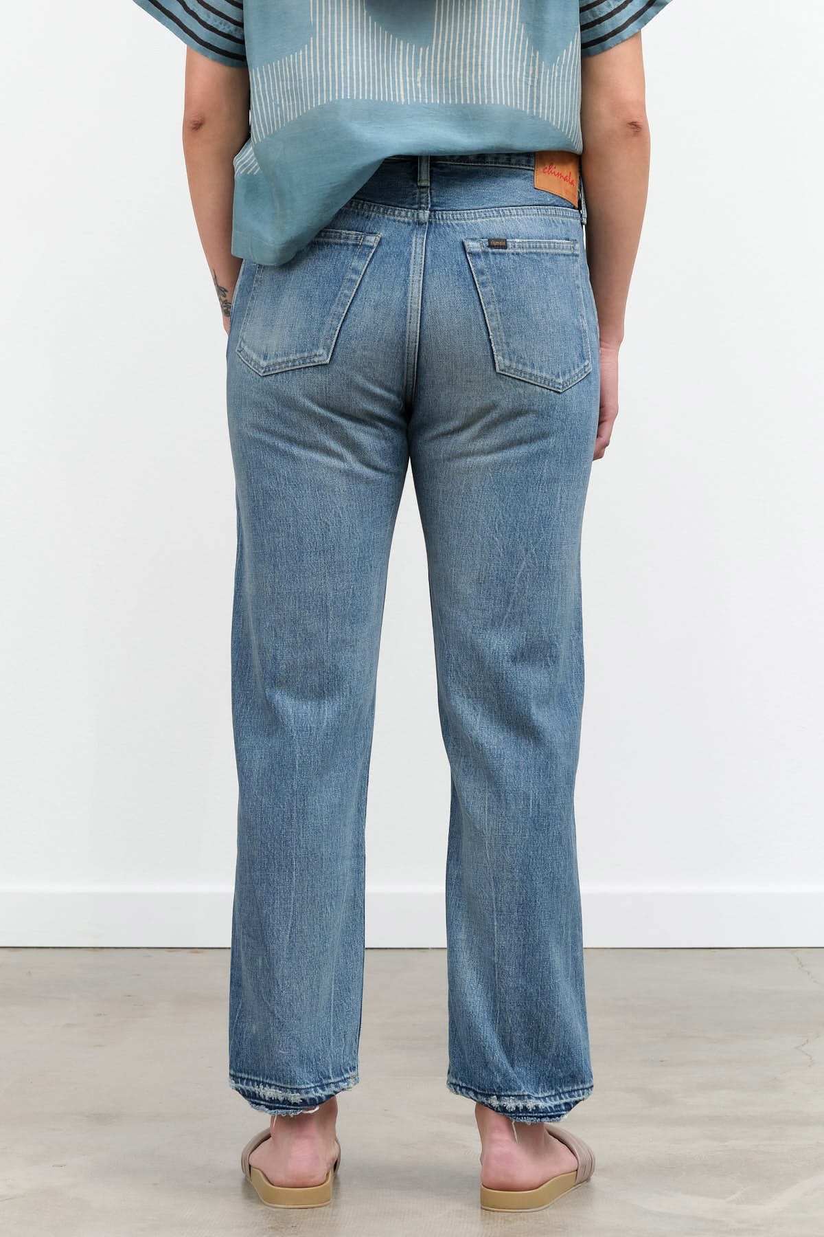 Chimala Apparel Womens Denim Used Ankle Cut 13.5 oz Selvedge Denim in Light Distress