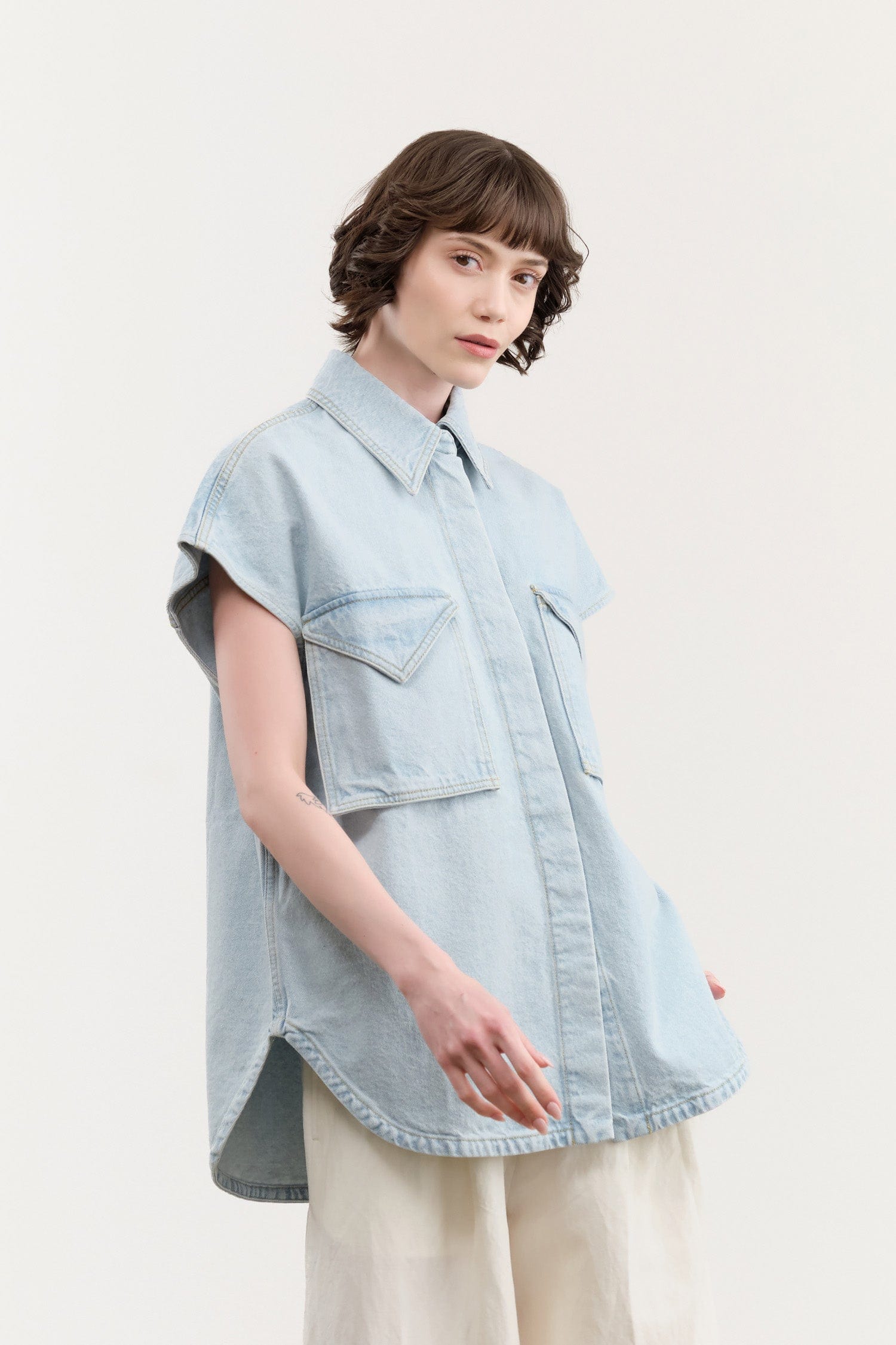 Christian Wijnants Apparel Womens Blouses Teta Sleveless Denim Top in Light Blue Denim
