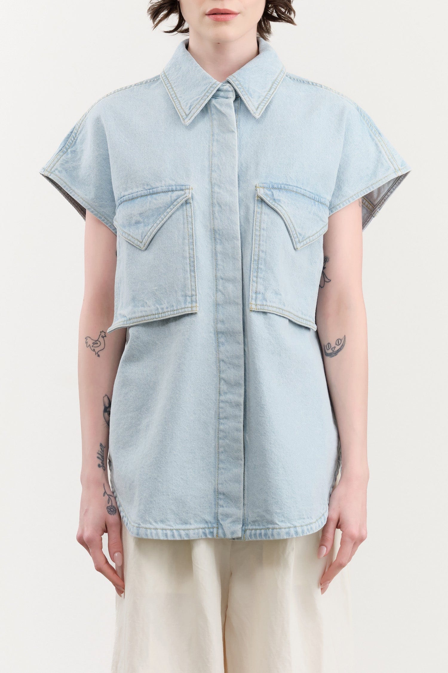 Christian Wijnants Apparel Womens Blouses Teta Sleveless Denim Top in Light Blue Denim