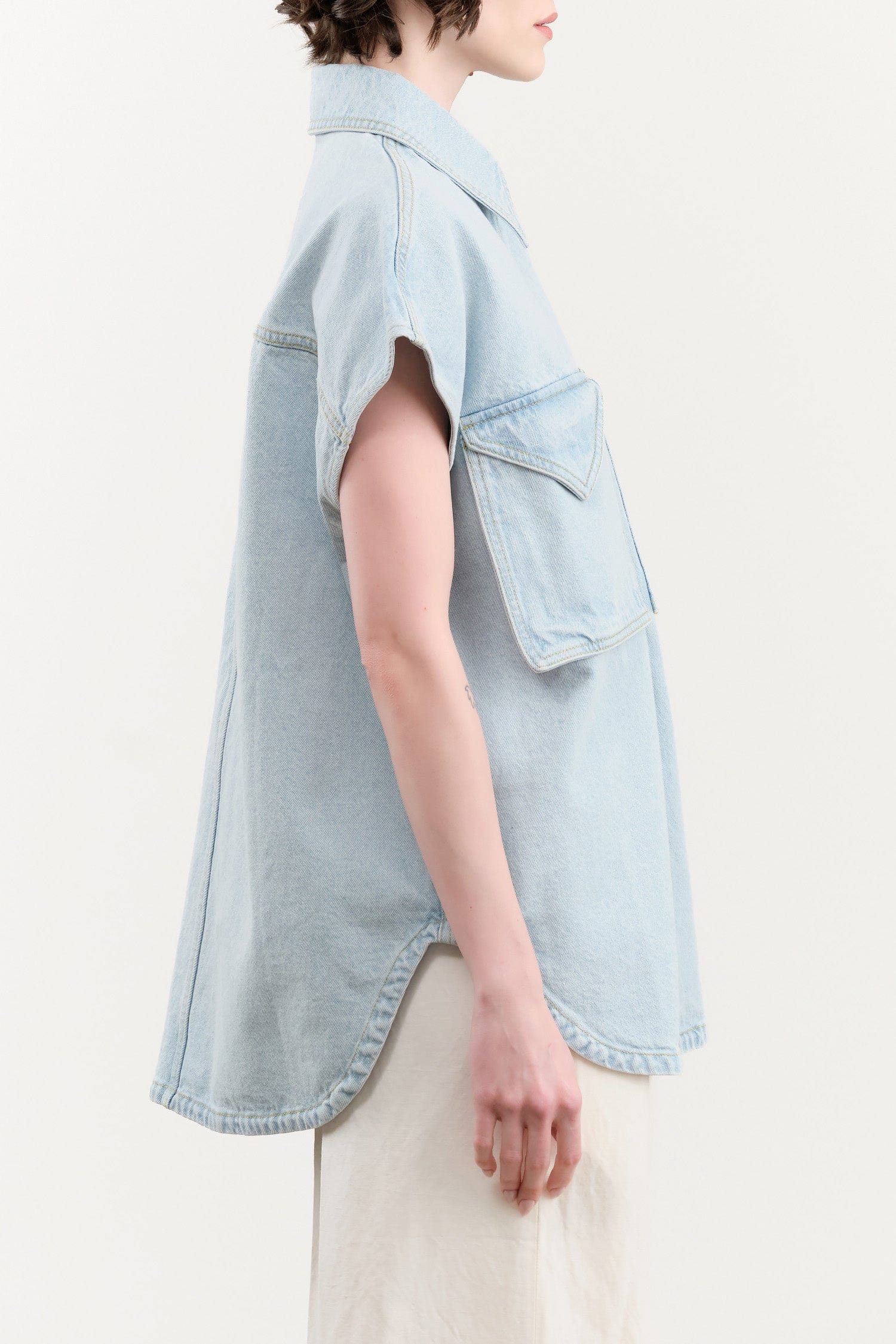 Christian Wijnants Apparel Womens Blouses Teta Sleveless Denim Top in Light Blue Denim