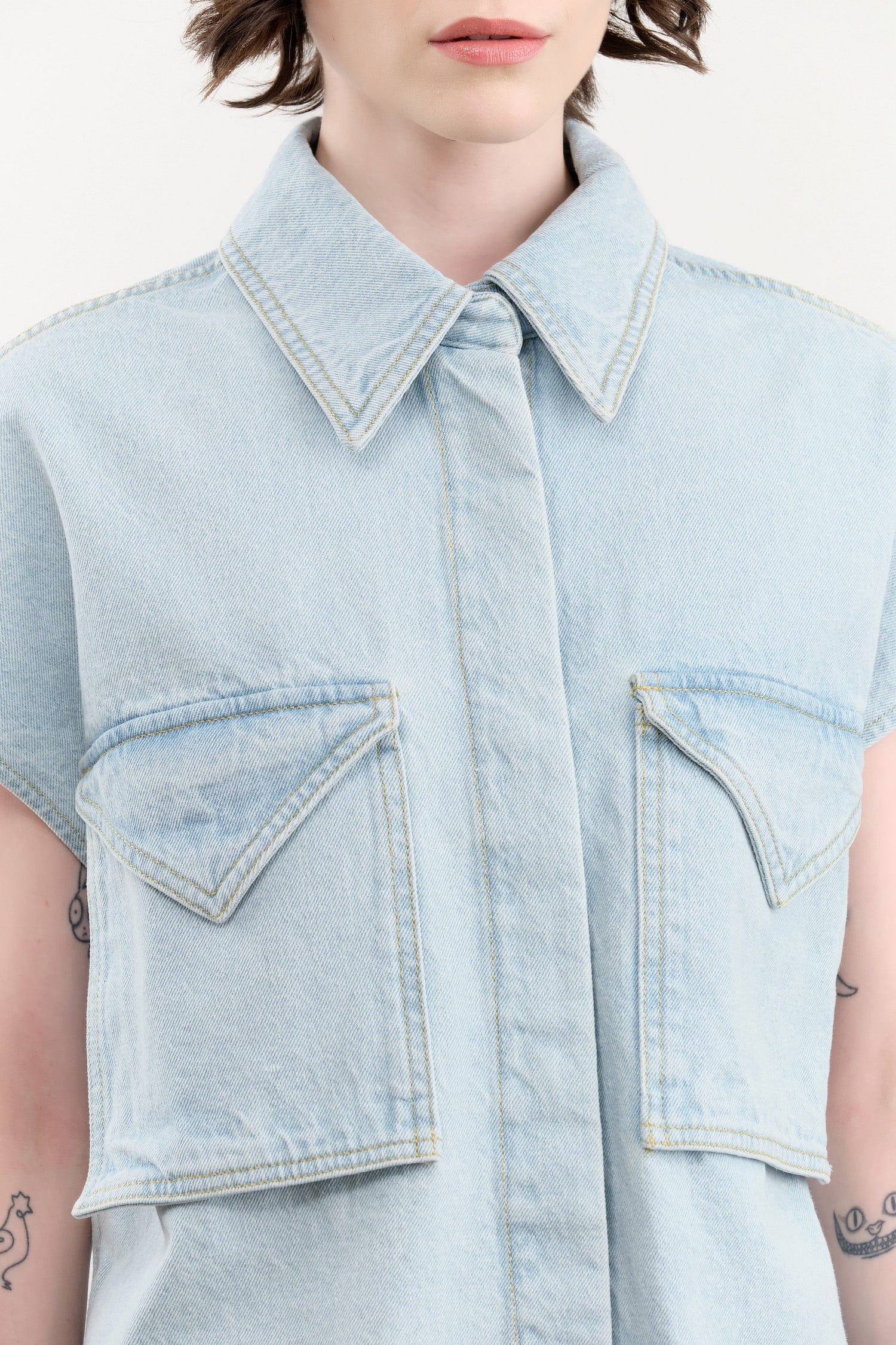 Christian Wijnants Apparel Womens Blouses Teta Sleveless Denim Top in Light Blue Denim