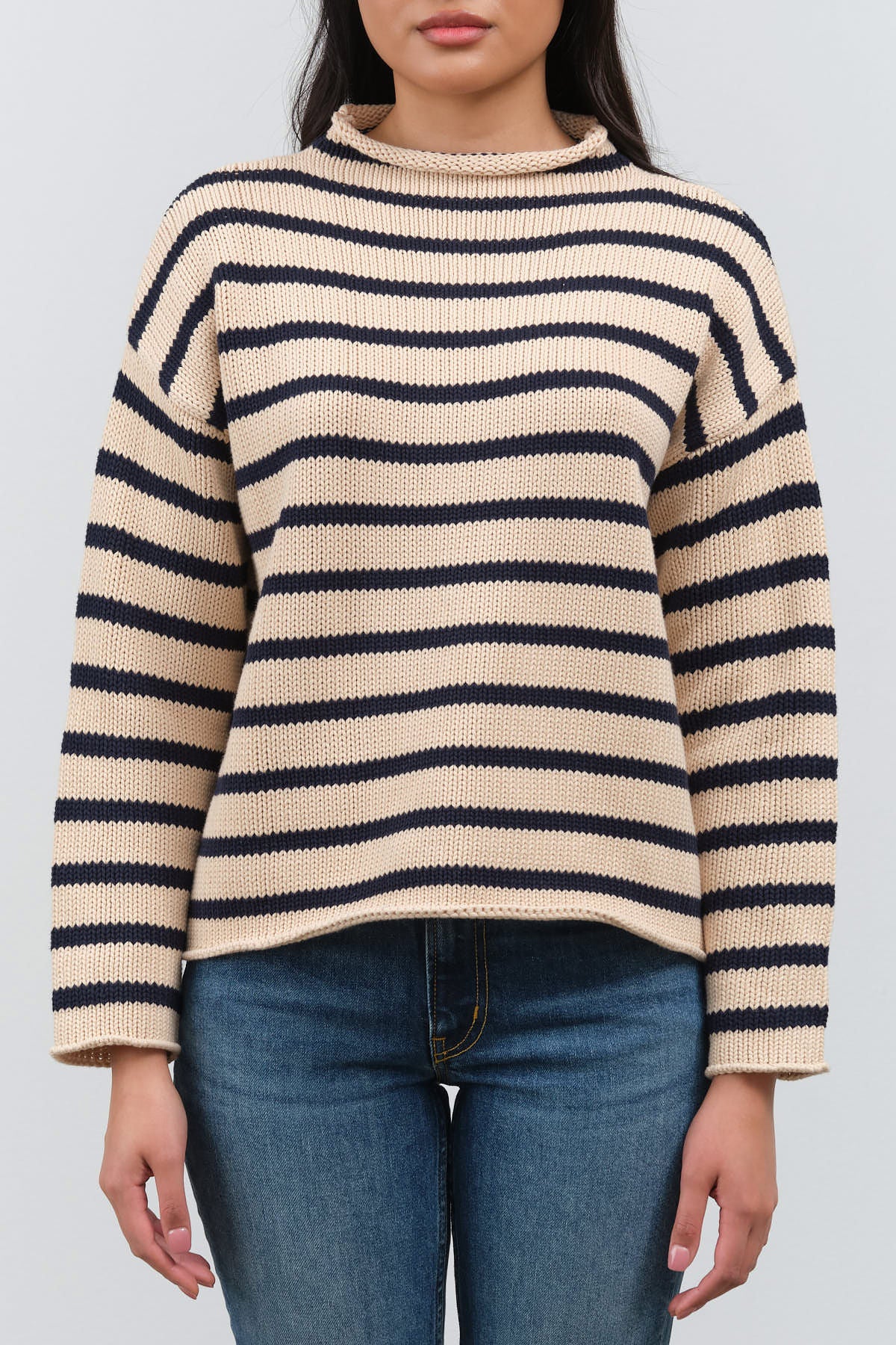 Front view of Lamis Stripe Sweater in Natural/Navy