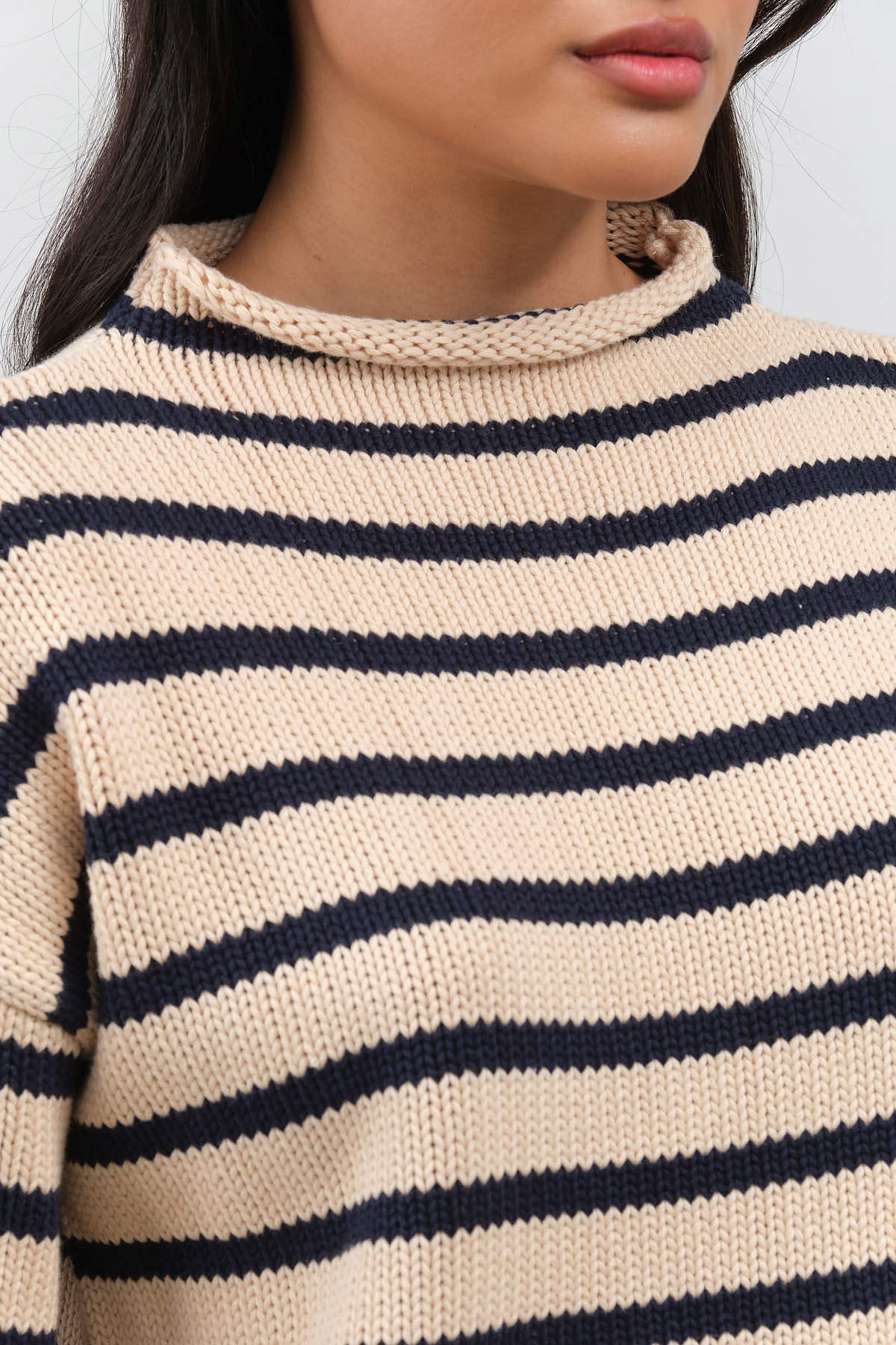 Collar view of Lamis Stripe Sweater in Natural/Navy