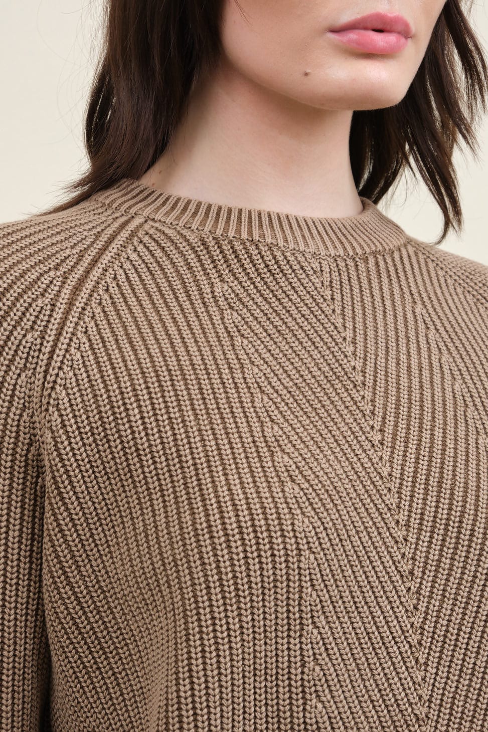 Neckline on Chelsea Cotton Sweater in Cocoa