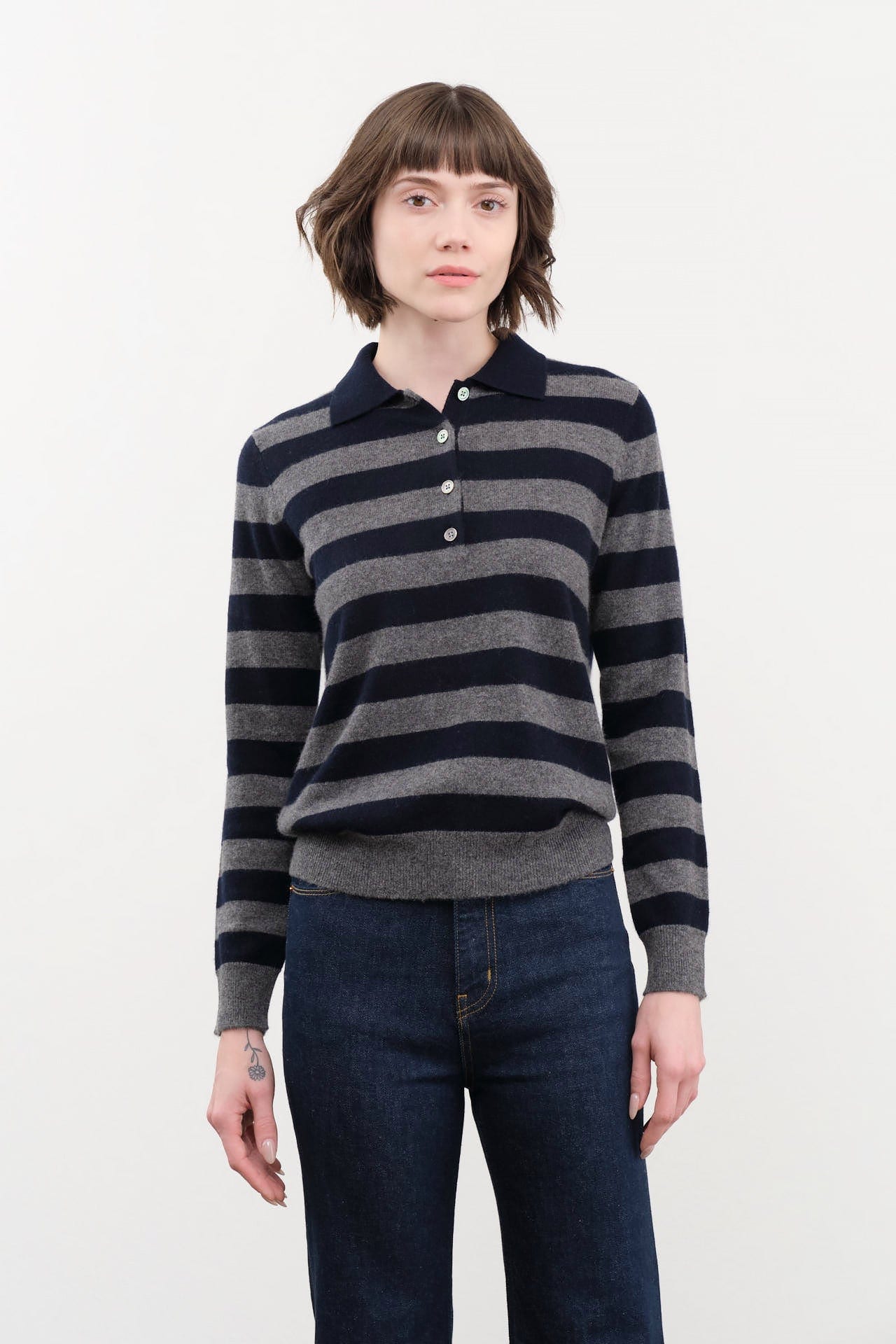 DEMYLEE Apparel Womens Sweaters Demira Stripe Cashmere Polo Sweater