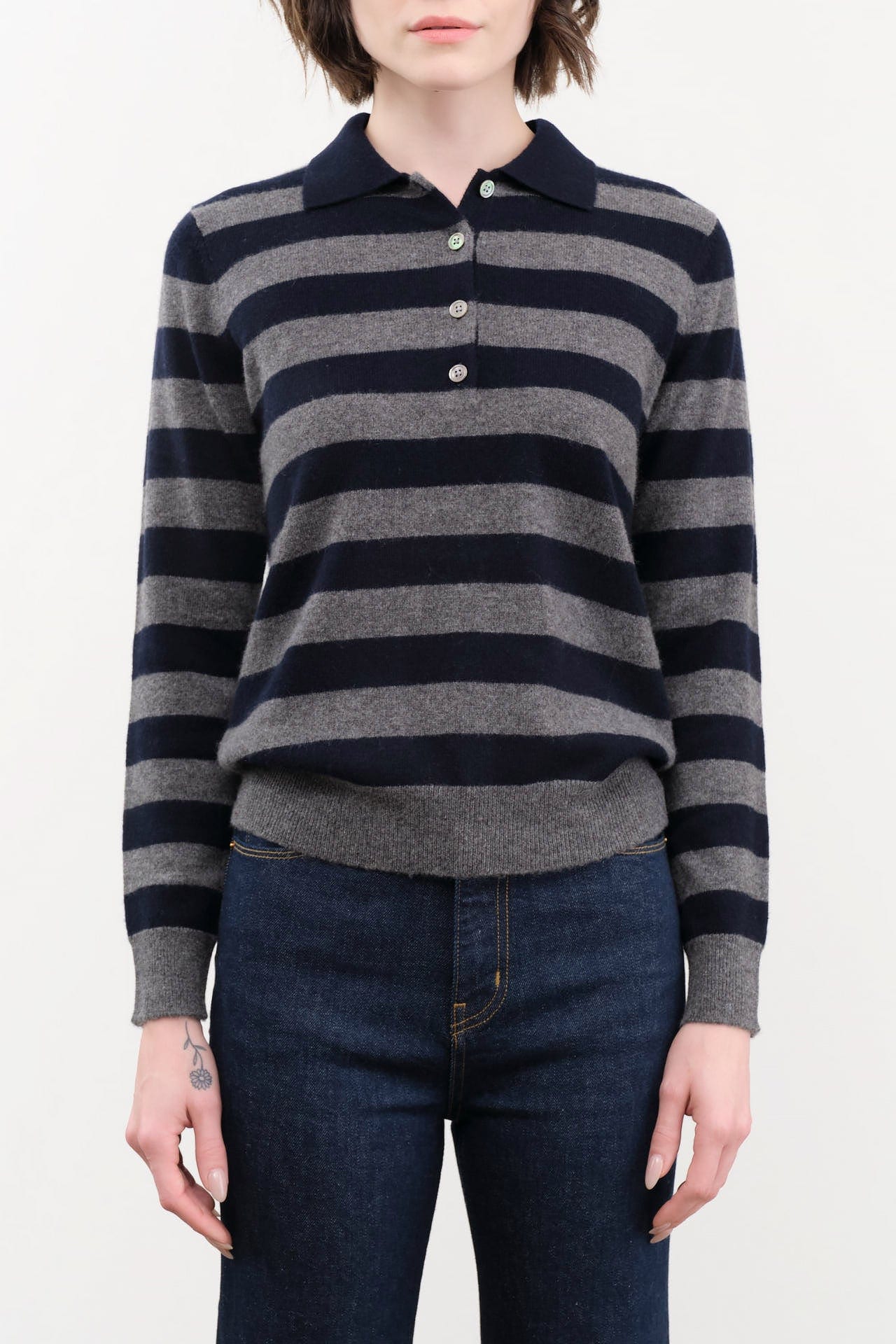 DEMYLEE Apparel Womens Sweaters Demira Stripe Cashmere Polo Sweater