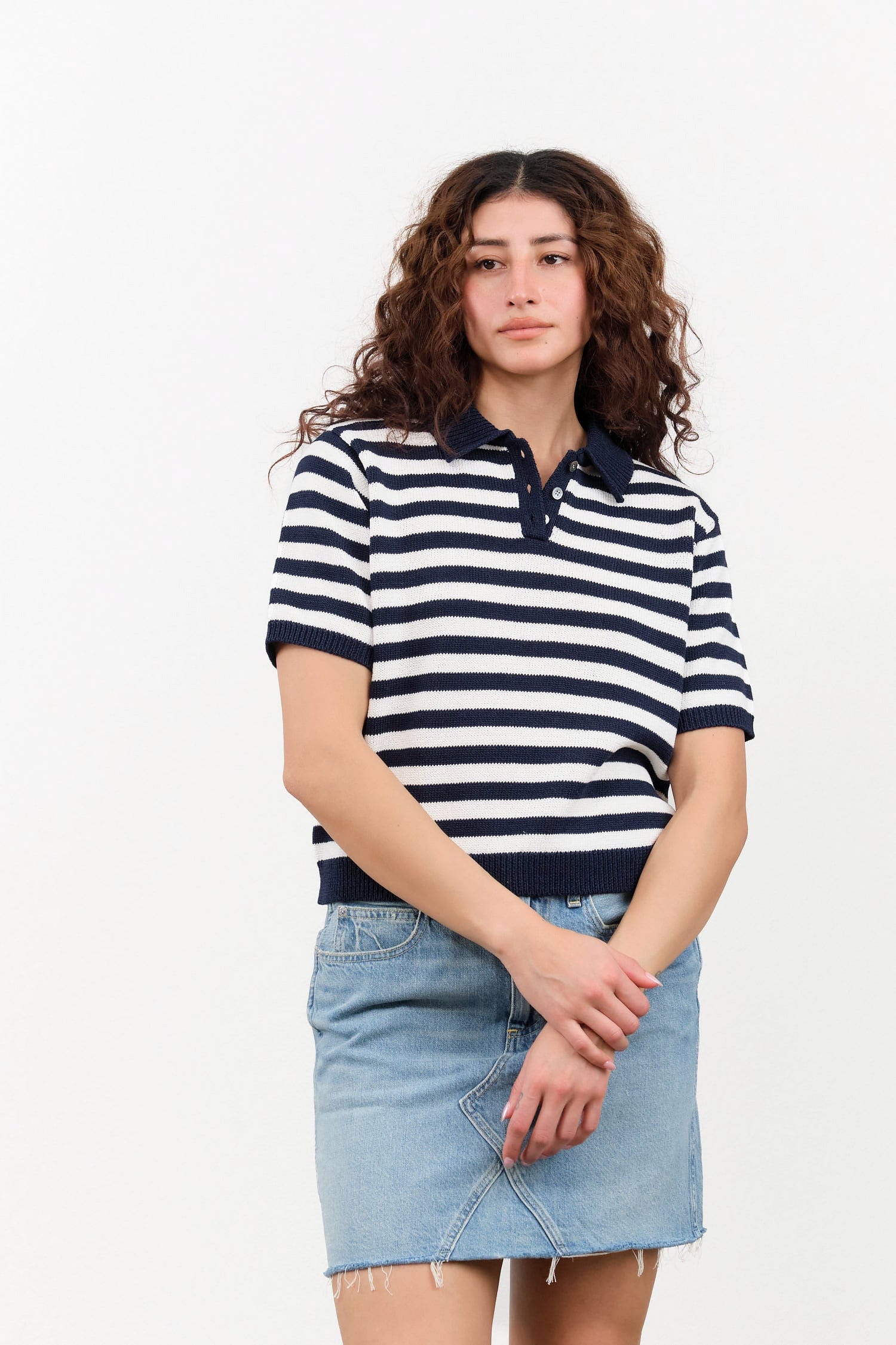 DEMYLEE Apparel Womens Sweaters Luka Stripe Cotton Top Off White/Navy / XSmall