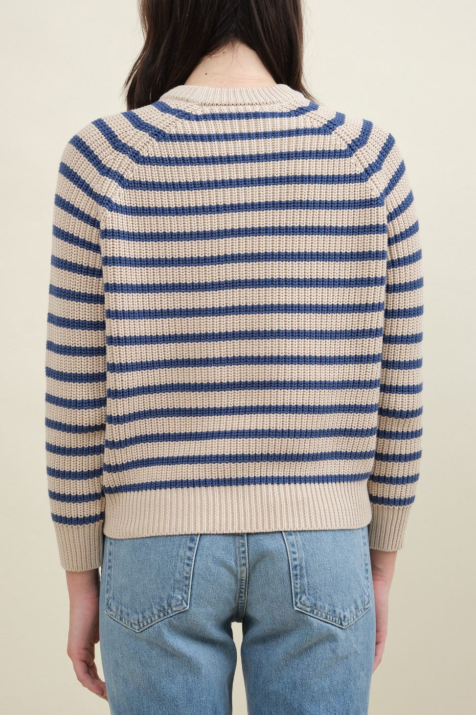 Back of Phoebe Stripe Sweater in Natural/Denim Blue