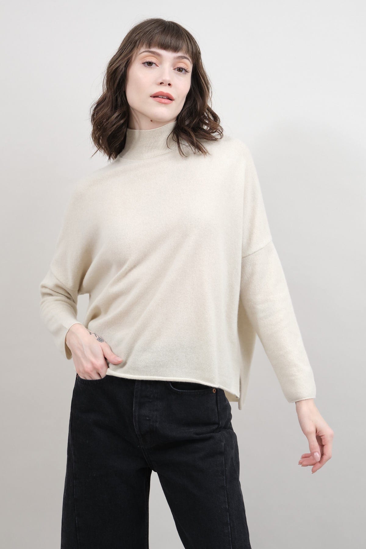 Evam Eva Apparel Womens Sweaters Cashmere High Neck Pullover Sweater in Ivory