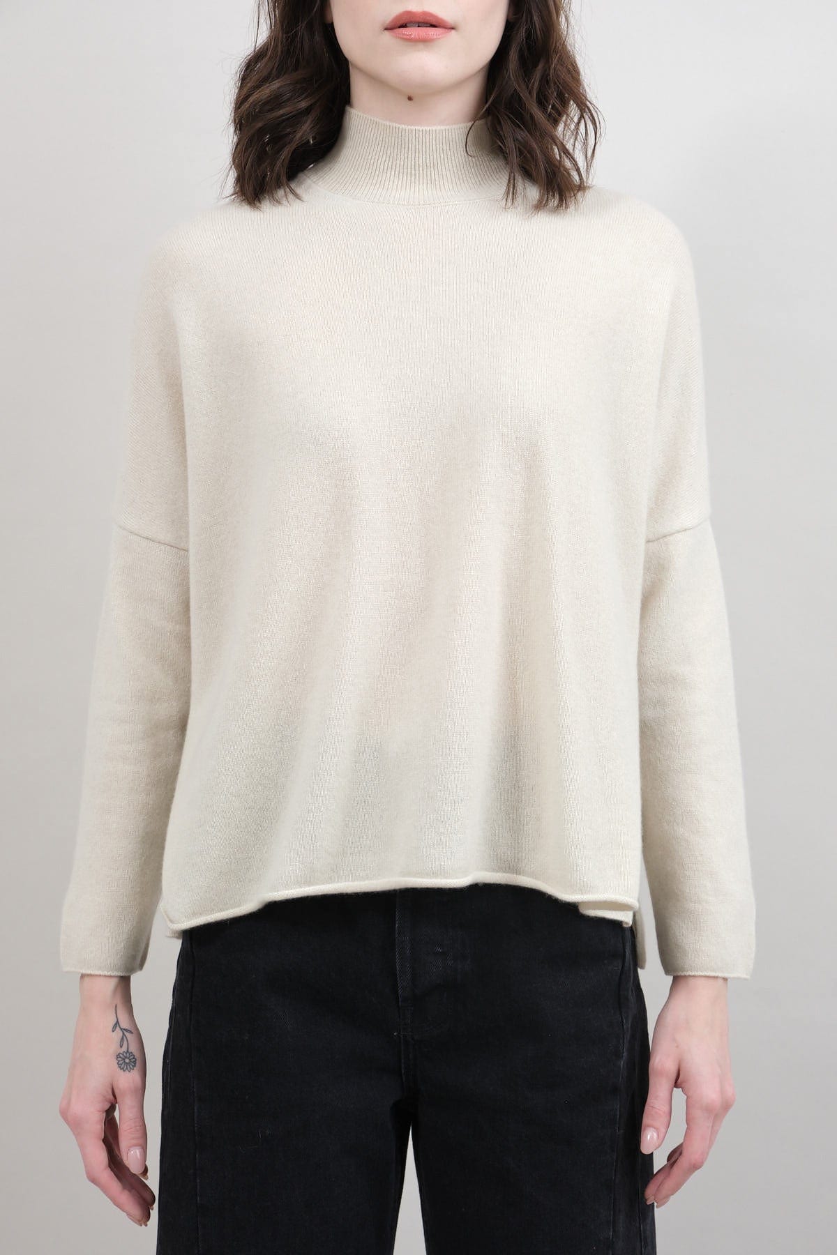 Evam Eva Apparel Womens Sweaters Cashmere High Neck Pullover Sweater in Ivory Ivory / 1