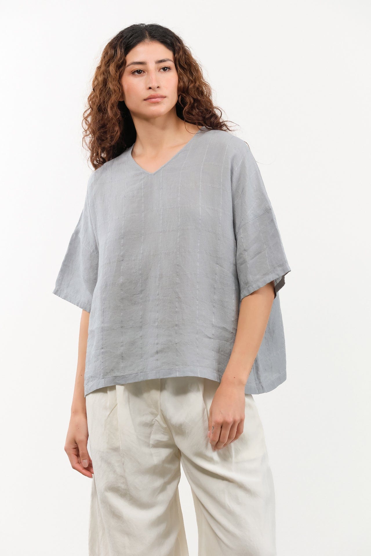 Evam Eva Apparel Womens Sweaters Linen Stitches Pullover in Fog Fog / One Size