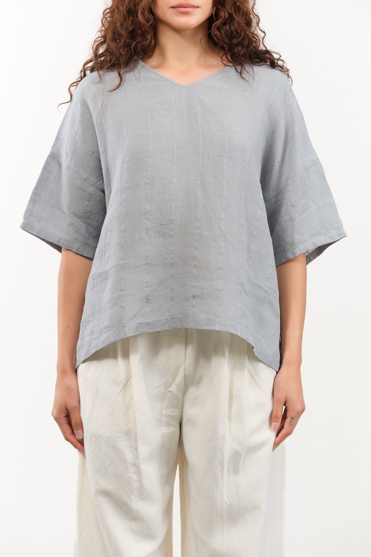 Evam Eva Apparel Womens Sweaters Linen Stitches Pullover in Fog Fog / One Size