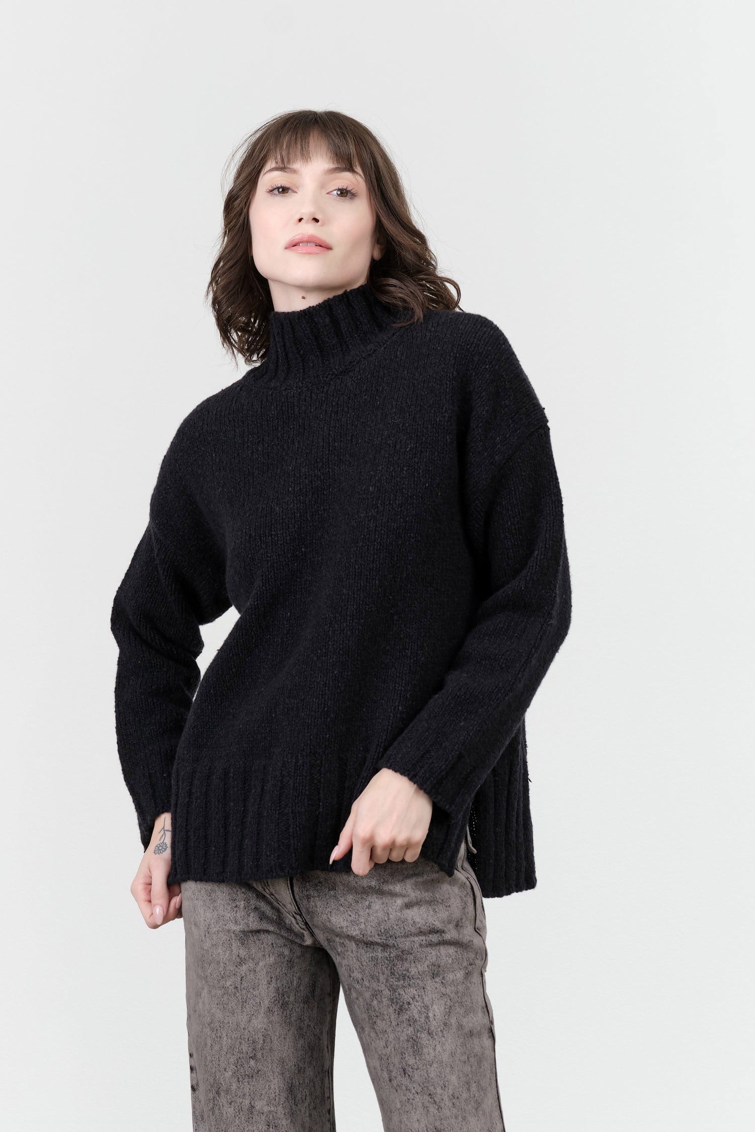 Evam Eva Apparel Womens Sweaters Renew-Wool Turtleneck in Charcoal Charcoal / 1