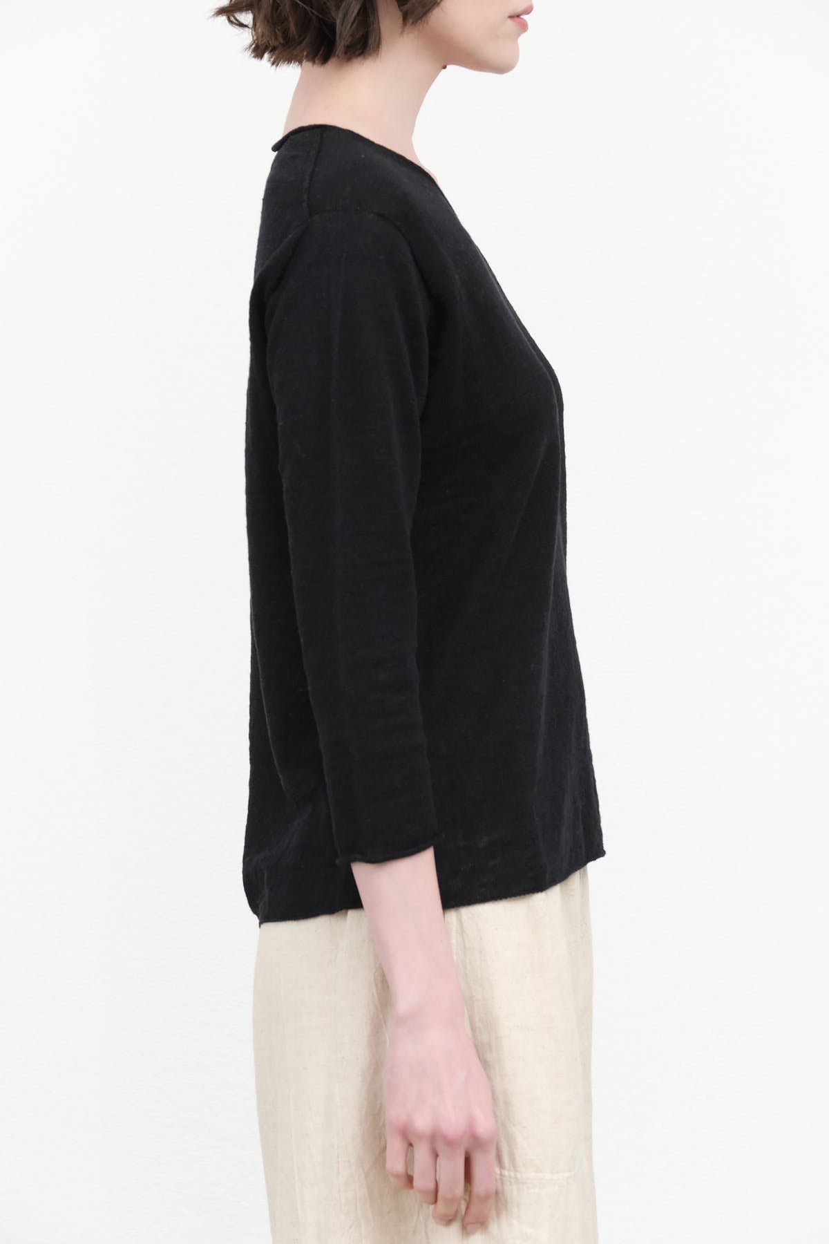 Side view of Washable Linen V Neck Pullover in Black