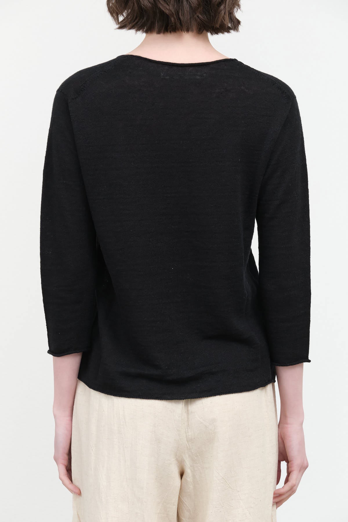Back view of Washable Linen V Neck Pullover in Black