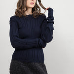 Transparent Block Knit Blouse in Navy