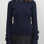 Front fo Transparent Block Knit Blouse in Navy